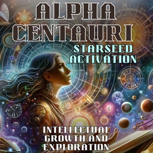 Puede incluir: Una imagen abstracta y colorida con el rostro de una mujer de perfil. El fondo presenta una galaxia con planetas, estrellas y colores que se arremolinan. El texto "ALPHA CENTAURI STARSEED ACTIVATION INTELLECTUAL GROWTH AND EXPLORATION" se muestra en la imagen.