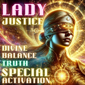 May include: Digital art featuring a woman with a blindfold, adorned in gold and intricate patterns. The image has a celestial theme with the words "LADY JUSTICE, DIVINE BALANCE, TRUTH, SPECIAL ACTIVATION" in various colors.