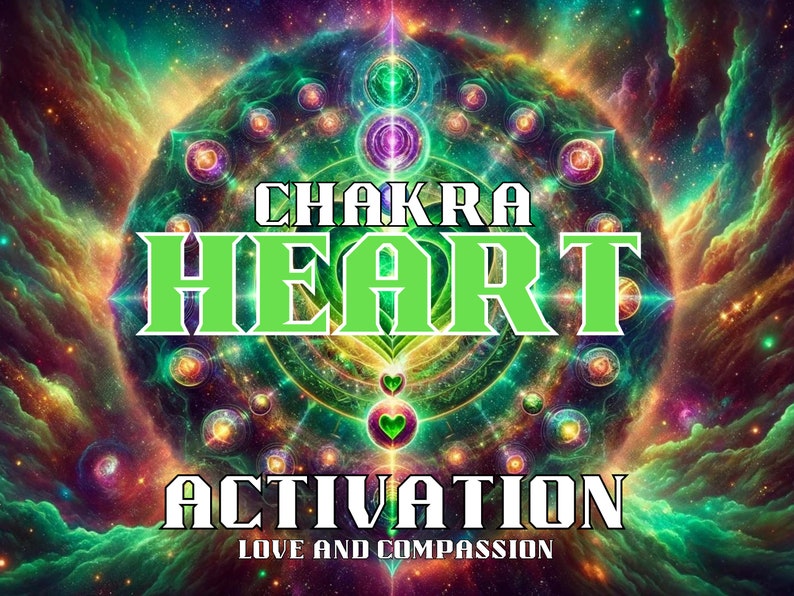 Puede incluir: Una imagen abstracta colorida con un fondo verde que gira. La imagen presenta un c&iacute;rculo verde con un dise&ntilde;o tipo mandala y el texto "Chakra Heart Activation Love and Compassion".