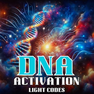 Op de afbeelding: Een kleurrijke abstracte afbeelding met een dubbele helix DNA-streng in het midden. De achtergrond is een nevel met draaiende kleuren in blauw, rood, oranje en geel. De tekst "DNA ACTIVATION LIGHT CODES" staat onderaan de afbeelding.