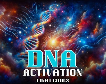 May include: A colorful abstract image with a double helix DNA strand in the center. The background is a nebula with swirling colors of blue, red, orange, and yellow. The text "DNA ACTIVATION LIGHT CODES" is at the bottom of the image.