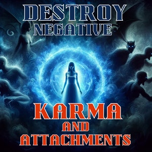 May include: A woman in a white dress stands in front of a blue and white swirling portal. The words "DESTROY NEGATIVE KARMA AND ATTACHMENTS" are written in red and white letters at the bottom of the image.  The woman is surrounded by shadowy figures with glowing eyes.