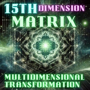 May include: A digital art image with a green and black geometric design in the center. The text "15TH DIMENSION MATRIX" is at the top of the image in pink and blue. The text "MULTIDIMENSIONAL TRANSFORMATION" is at the bottom of the image in green.