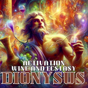 May include: A colorful, abstract painting depicting a man with long hair and a beard holding a glass of red wine. The painting is filled with swirling colors and stars, and the man is surrounded by vines and grapes. The text "ACTIVATION WINE AND ECSTASY DIONYSUS" is written in brown letters at the bottom of the painting.