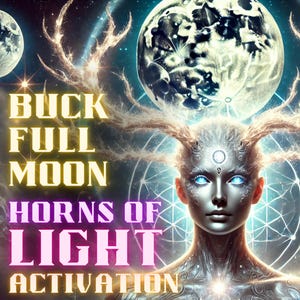 May include: Digital art featuring a celestial being with glowing blue eyes and antlers, set against a backdrop of moons and cosmic elements. The text reads "BUCK FULL MOON HORNS OF LIGHT ACTIVATION."