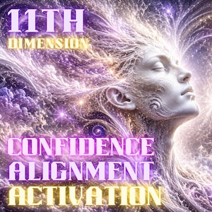 May include: Digital artwork depicting a white sculpted face with closed eyes, set against a backdrop of swirling purple and white energy. Text reads "11th Dimension, Confidence, Alignment, Activation."