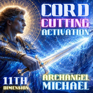 May include: Digital art featuring Archangel Michael, holding a glowing sword, with text that reads "CORD CUTTING ACTIVATION" and "11TH DIMENSION". The artwork has a blue and gold color scheme with a celestial background.