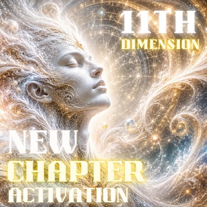 May include: Digital artwork depicting a calm, pale-skinned person with closed eyes, set against a backdrop of swirling, radiant energy in gold, white, and blue hues. The words "11TH DIMENSION" and "NEW CHAPTER ACTIVATION" are displayed in white and gold.