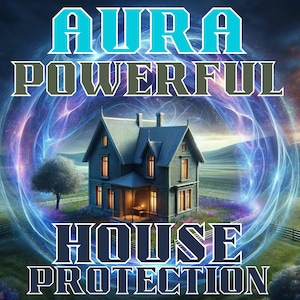May include: Digital artwork featuring a house enveloped in a glowing blue and purple aura. The text "AURA POWERFUL HOUSE PROTECTION" is displayed across the image. The house is set in a landscape with fields and trees.