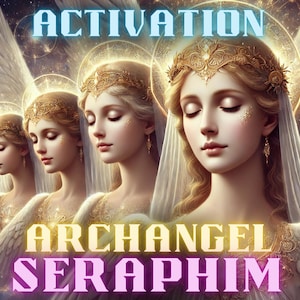 Może przedstawiać: Cyfrowy wydruk artystyczny przedstawiający Archanioła Serafina. Obraz przedstawia trzy postaci anielskie w złotych koronach i płynących białych szatach. Tekst "ACTIVATION" pojawia się u góry obrazu, a "ARCHANGEL SERAPHIM" u dołu.