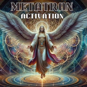 Puede incluir: Una figura de ángel alado con una túnica blanca y una coraza dorada, de pie sobre una plataforma con un patrón geométrico. El fondo es una nebulosa colorida con un gran círculo brillante en el centro. El texto "METATRON ACTIVATION" se muestra en la parte superior de la imagen.