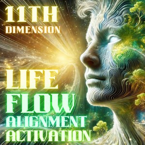 May include: Digital art featuring a profile of a face with a serene expression, integrated with natural elements like trees and foliage. The image has text that reads "11th Dimension, Life Flow, Alignment, Activation" in various colors.