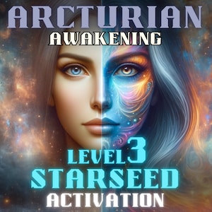 Può includere: Un'immagine digitale di una donna con metà del viso dipinto con un motivo di galassia blu e viola. Il testo "Arcturian Awakening Level 3 Starseed Activation" è scritto sotto l'immagine.