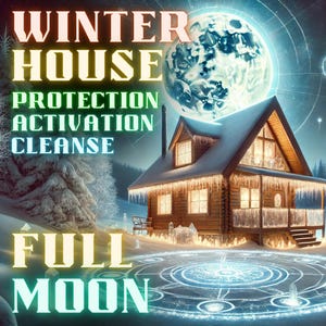 May include: Digital art featuring a cozy wooden cabin in a snowy landscape under a full moon. Text overlay reads "Winter House Protection Activation Cleanse Full Moon". The scene is illuminated with a mystical glow.