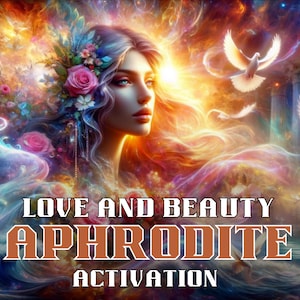 Peut inclure: Une image numérique d'une femme aux longs cheveux flottants et une couronne de fleurs. L'arrière-plan est un tourbillon coloré de couleurs claires et foncées. Le texte "LOVE AND BEAUTY APHRODITE ACTIVATION" est en bas de l'image.