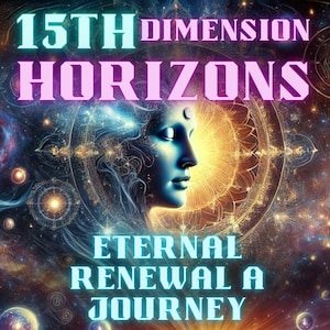 K&ouml;nnte beinhalten: Ein farbenfrohes, abstraktes Bild mit dem Profil einer Frau. Der Hintergrund ist ein wirbelnder Nebel mit Sternen und Galaxien. Der Text "15TH DIMENSION HORIZONS" befindet sich oben im Bild, und der Text "ETERNAL RENEWAL A JOURNEY" unten.