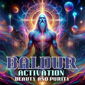 Puede incluir: Una imagen abstracta y colorida de un hombre con una larga barba blanca y un corazón brillante. La imagen está rodeada de colores que se arremolinan y planetas. El texto "BALDUR ACTIVATION BEAUTY AND PURITY" está en la parte inferior de la imagen.