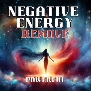 以下が含まれることがあります： 赤、オレンジ、青、紫の渦巻く星雲の中に立っている、長い髪をなびかせた女性のデジタルイラスト。画像の上部に「NEGATIVE ENERGY REMOVE POWERFUL」というテキストがあります。