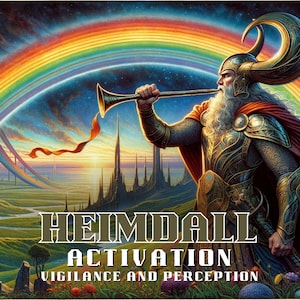 Puede incluir: Ilustración fantástica de Heimdall, una figura de la mitología nórdica, tocando una trompeta bajo un arcoíris. La imagen incluye el texto "Heimdall Activation Vigilance and Perception". La obra de arte tiene un tema de fantasía y una paleta de colores vibrantes.