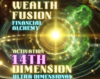 May include: A digital art image with a swirling green and yellow background. The text "Wealth Fusion Financial Alchemy" is at the top of the image. The text "Activation 14th Dimension Ultra Dimensional" is at the bottom of the image.