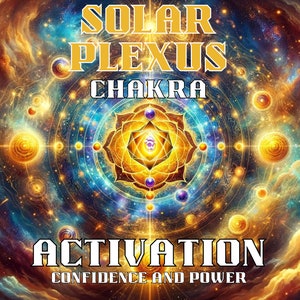 Puede incluir: Una imagen abstracta colorida con un esquema de color amarillo, dorado y azul. La imagen presenta un gran mandala dorado con un centro amarillo y un círculo de orbes coloridos más pequeños a su alrededor. El texto "SOLAR PLEXUS CHAKRA ACTIVATION CONFIDENCE AND POWER" está escrito en letras blancas en la parte superior e inferior de la imagen.
