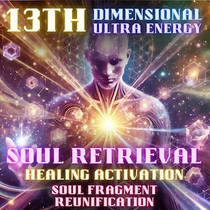 Pode incluir: Uma imagem digital de uma pessoa com uma luz brilhante emanando de seu peito. A imagem está sobre um fundo de cores giratórias e formas geométricas. O texto "13th Dimensional Ultra Energy Soul Retrieval Healing Activation Soul Fragment Reunification" é exibido na imagem.