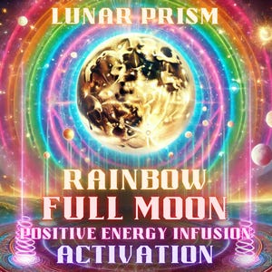 Pode incluir: Arte digital com uma cena celestial com uma grande lua texturizada no centro, rodeada por um arco-íris e planetas. O texto inclui "LUNAR PRISM" e "RAINBOW FULL MOON". A imagem tem um tema cósmico vibrante.