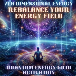 Könnte beinhalten: Eine digitale Kunst-Illustration einer Person, die in einem blauen und violetten Energiefeld meditiert. Der Text "7th Dimensional Energy Rebalance Your Energy Field Quantum Energy Grid Activation" wird auf dem Bild angezeigt.
