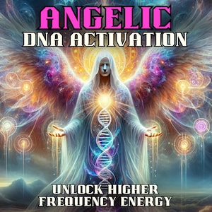 May include: A digital artwork depicting an angelic figure with wings, radiating light and surrounded by colourful orbs. The figure has a double helix DNA strand in their chest, and the text "Angelic DNA Activation" and "Unlock Higher Frequency Energy" is displayed.