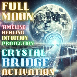 Peut inclure: Œuvre d'art numérique représentant une scène céleste avec une grande lune brillante et un chemin menant à un portail. Le texte comprend "FULL MOON", "TIMELINE", "HEALING", "INTUITION", "PROTECTION", "CRYSTAL BRIDGE" et "ACTIVATION".