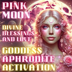 May include: Digital art featuring a woman with pink skin, adorned with flowers and a crescent moon. The image includes text that reads "PINK MOON DIVINE BLESSINGS AND LOVE GODDESS APHRODITE ACTIVATION" in a glowing font, set against a celestial background.
