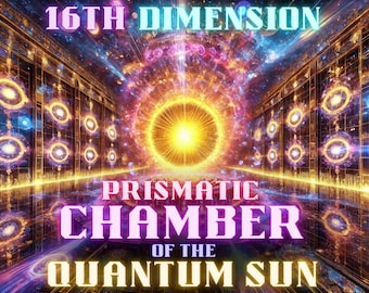 May include: An abstract digital art piece with the text "16th Dimension" and "Prismatic Chamber of the Quantum Sun". The image features a bright, glowing sun-like orb at the center, surrounded by geometric patterns and vibrant colors.