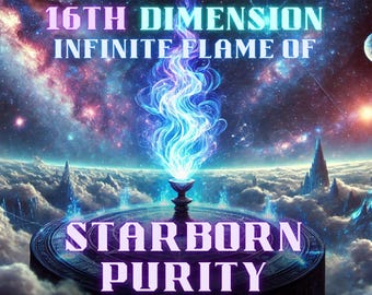 May include: A blue flame rises from a chalice on a circular platform with the text "16th DIMENSION INFINITE FLAME OF STARBORN PURITY" in a purple font against a background of a starry sky and clouds.