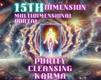 Könnte beinhalten: Ein digitales Kunstwerk, das eine leuchtende Figur zeigt, die in einem Portal steht, mit dem Text "15th DIMENSION MULTIDIMENSIONAL PORTAL PURITY CLEANSING KARMA" in Rosa und Weiß.