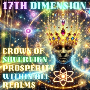 May include: Digital art piece featuring a crowned figure with a cosmic background. The crown is adorned with jewels. Text reads "17th Dimension" and "Crown of Sovereign Prosperity Within All Realms". The artwork is vibrant with gold, blue, and purple hues.