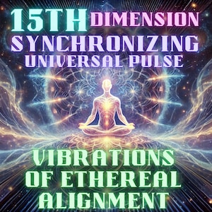 K&ouml;nnte beinhalten: Ein digitales Kunstwerk mit einer Person, die im Lotussitz meditiert. Der Hintergrund ist ein wirbelnder Mix aus Farben, darunter Lila, Blau, Gelb und Orange. Der Text "15TH DIMENSION SYNCHRONIZING UNIVERSAL PULSE" befindet sich oben im Bild, und der Text "VIBRATIONS OF ETHEREAL ALIGNMENT" befindet sich unten.