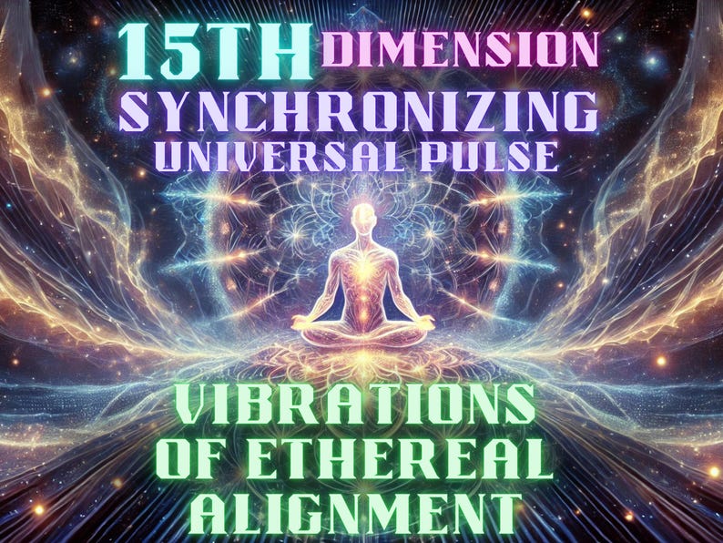 K&ouml;nnte beinhalten: Ein digitales Kunstwerk mit einer Person, die im Lotussitz meditiert. Der Hintergrund ist ein wirbelnder Mix aus Farben, darunter Lila, Blau, Gelb und Orange. Der Text "15TH DIMENSION SYNCHRONIZING UNIVERSAL PULSE" befindet sich oben im Bild, und der Text "VIBRATIONS OF ETHEREAL ALIGNMENT" befindet sich unten.