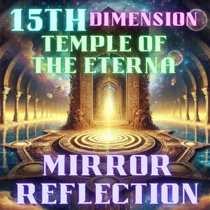 K&ouml;nnte beinhalten: Ein digitales Kunstwerk, das einen goldenen Tempel mit einem gro&szlig;en Tor zeigt. Der Tempel ist von einem reflektierenden Wasserbecken umgeben. Der Text "15TH DIMENSION TEMPLE OF THE ETERNA MIRROR REFLECTION" ist in einer bunten Schriftart oben im Bild geschrieben.