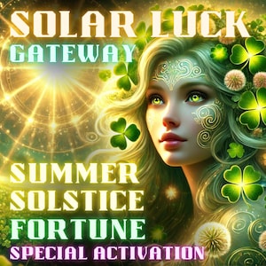 May include: Digital artwork of a woman with green eyes and hair decorated with shamrocks and flowers. The image includes text that reads "SOLAR LUCK GATEWAY SUMMER SOLSTICE FORTUNE SPECIAL ACTIVATION" against a bright sun.