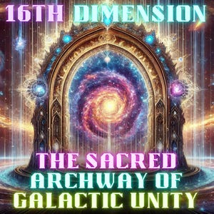Puede incluir: Una imagen digital que representa un arco dorado con una galaxia giratoria en el fondo. El texto "16TH DIMENSION" está en la parte superior de la imagen, y el texto "THE SACRED ARCHWAY OF GALACTIC UNITY" está en la parte inferior.