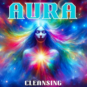 Peut inclure: Une image colorée d'une femme aux longs cheveux flottants, entourée d'une galaxie d'étoiles et de planètes. La femme a les yeux fermés et une lumière vive émane de sa poitrine. Le texte "AURA CLEANSING" est en bas de l'image.