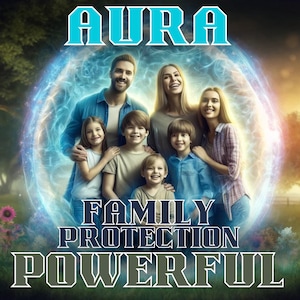 Może przedstawiać: Sześcioosobowa rodzina stoi w świecącej niebieskiej aurze, pod którą widnieje napis "AURA FAMILY PROTECTION POWERFUL".
