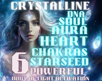 May include: A woman with long blonde hair and blue eyes is surrounded by a blue and purple nebula. The text "CRYSTALLINE" is at the top of the image. The text "DNA SOUL AURA HEART CHAKRAS STARSEED 6 POWERFUL BODY OF LIGHT ACTIVATION" is in the lower right corner of the image.