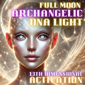May include: Digital art featuring a serene face with glowing eyes and a halo. The image has text that reads "FULL MOON ARCHANGELIC DNA LIGHT" and "13TH DIMENSIONAL ACTIVATION". The artwork is in shades of gold, white, and purple.