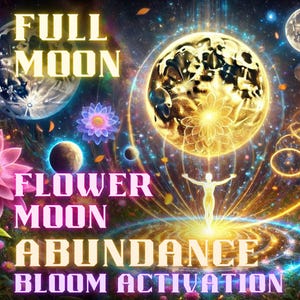Puede incluir: Obra de arte digital que representa una escena celestial con planetas, lunas y flores. Se muestran las palabras "FULL MOON", "FLOWER MOON", "ABUNDANCE" y "BLOOM ACTIVATION". Una figura luminosa está en el centro, con patrones de luz arremolinada.