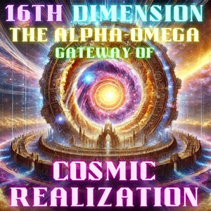 Może przedstawiać: Kolorowy, abstrakcyjny obraz z wirującym, wielokolorowym wirkiem w centrum. Wir jest otoczony złotym pierścieniem z misternymi detalami. Obraz jest umieszczony na tle gwiazd i galaktyk. Tekst "16TH DIMENSION THE ALPHA-OMEGA GATEWAY OF COSMIC REALIZATION" jest napisany pogrubionymi, kolorowymi literami u góry i na dole obrazu.