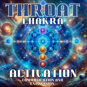 Peut inclure: Une image colorée avec un fond de galaxie et un cercle bleu avec un motif de mandala au centre. Le texte "THROAT CHAKRA ACTIVATION COMMUNICATION AND EXPRESSION" est en bas de l'image.