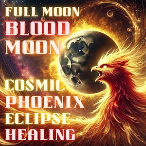 Pode incluir: Arte digital com uma fénix flamejante com um planeta ao fundo. A imagem inclui as palavras "FULL MOON BLOOD MOON COSMIC PHOENIX ECLIPSE HEALING" numa fonte brilhante, num fundo cósmico.