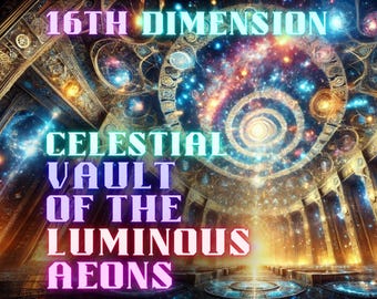 Puede incluir: Una representación digital artística de una bóveda celestial con el texto "16th Dimension, Celestial Vault of the Luminous Aeons". La imagen presenta una vibrante exhibición de colores, incluyendo azules, dorados y púrpuras, creando una atmósfera cósmica y etérea.