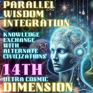 Puede incluir: Una imagen abstracta y colorida con tres caras y el texto "Integración de la sabiduría paralela", "Intercambio de conocimiento con civilizaciones alternativas", "14ª Dimensión Ultra Cósmica".